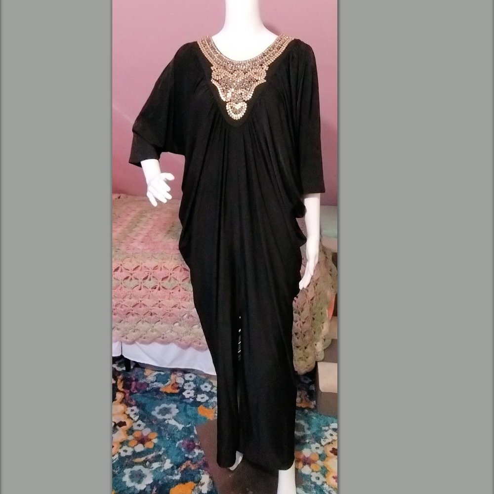 Elegant Black Kaftan with Gold Embellished Neckline